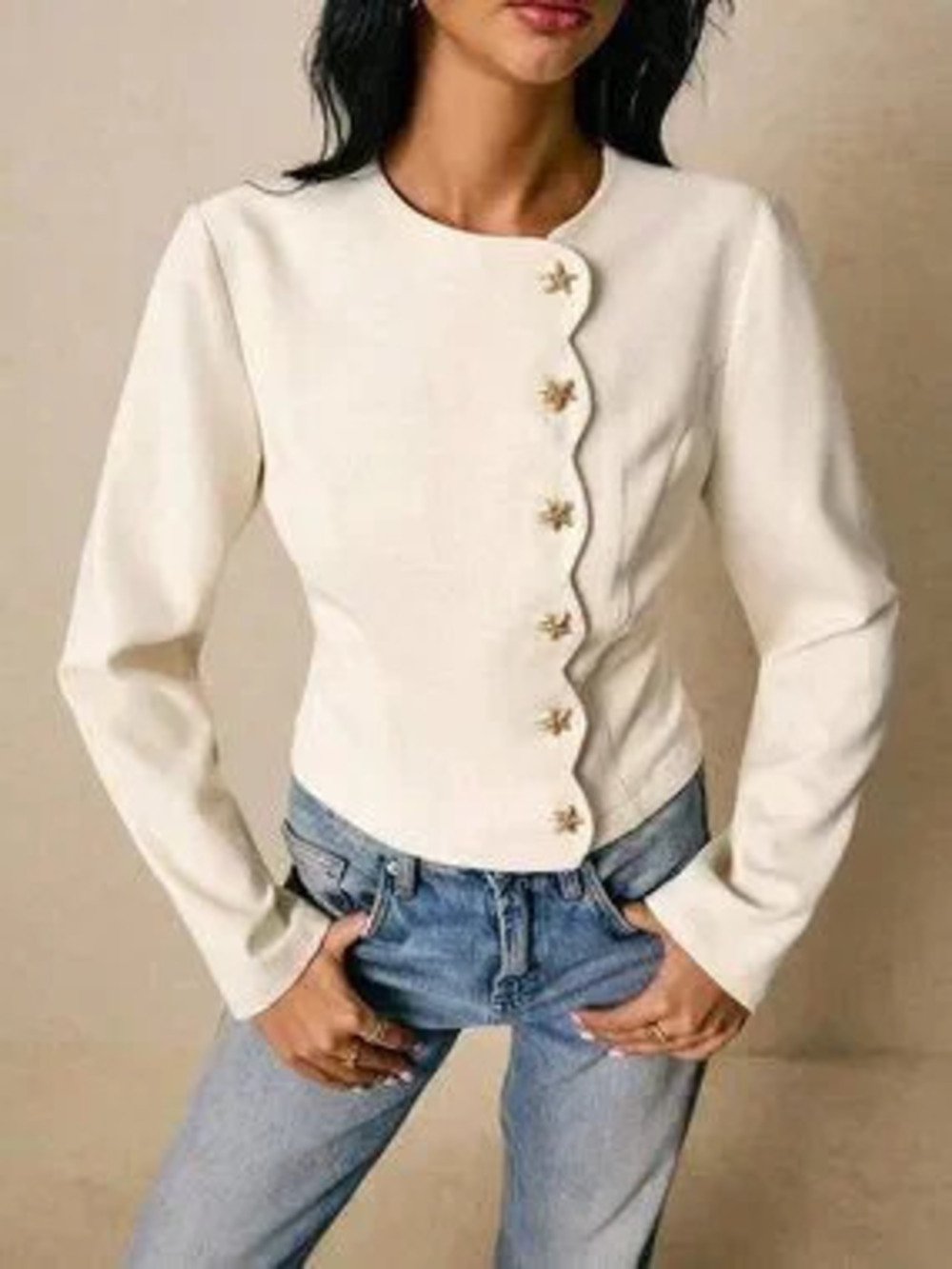 ZARA Apricot Casual Women's Tweed Jacket with Starfish Metal Buttons